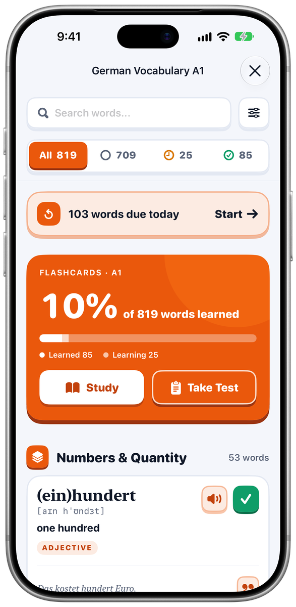 The Lingotivo German A1 word list on iPhone: search, filters for 709 new, 25 learning and 85 learned words, 103 words due for review today, and word cards with IPA, meaning and examples.